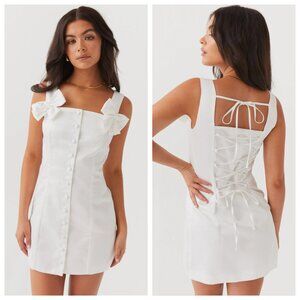 NWT Peppermayo Brielle Bow Satin Corset Back White Button Front Mini Dress